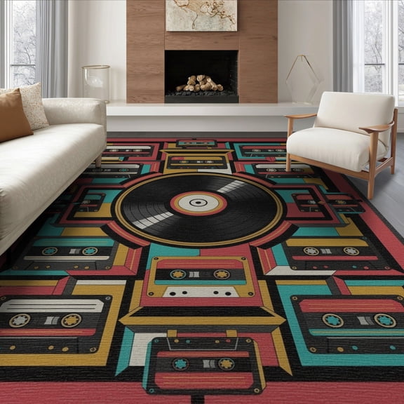 ODIKA 8'x10' Washable Area Rug Personalized Music Cassette Movie Theater Juice Beast Horror for Dining Room, Large Office, Lounge, Non-Slip Chair-Friendly Mat