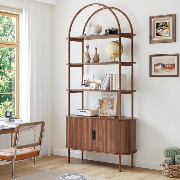 79" Tall Arched Bookshelf with Sliding Tambour Doors, Mid Century Modern Curved Bookcase Cabinet with Storage, 4-Tier Open Display Storage Shelf for Home Office,Living Room (Walnut, 79inch)