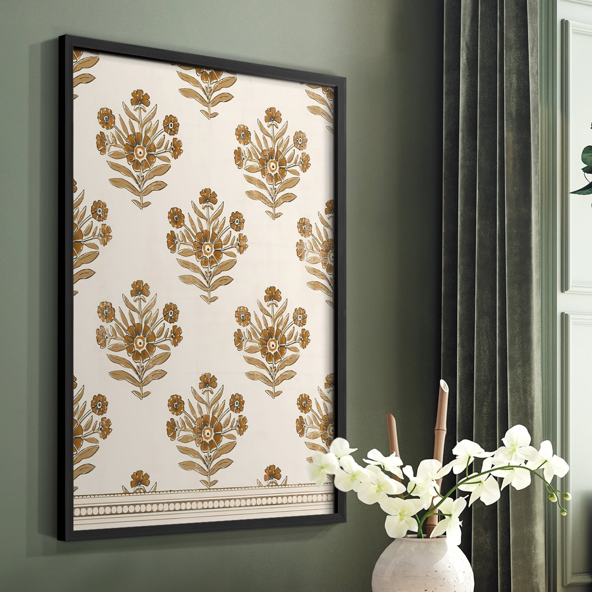 Block Print Blooms I Framed Print in Black Solid Wood Framed Print No Nail Hanging