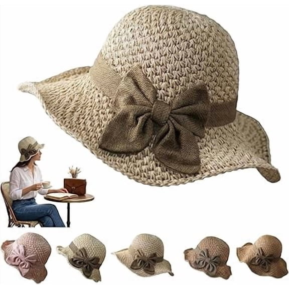 HAJWOH Elegant Woven Straw Sun Hat with Bow, Womens Straw Bucket Foldable Wide Brim Floppy Beach