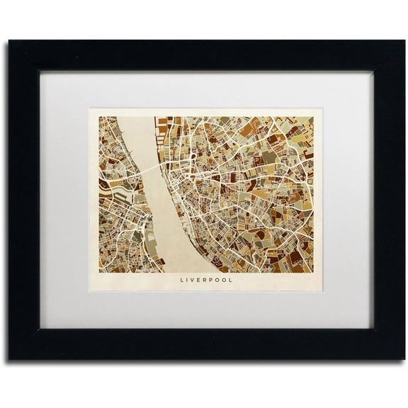 Trademark Fine Art "Liverpool England Street Map 3" Canvas Art by Michael Tompsett, White Matte, Black Frame