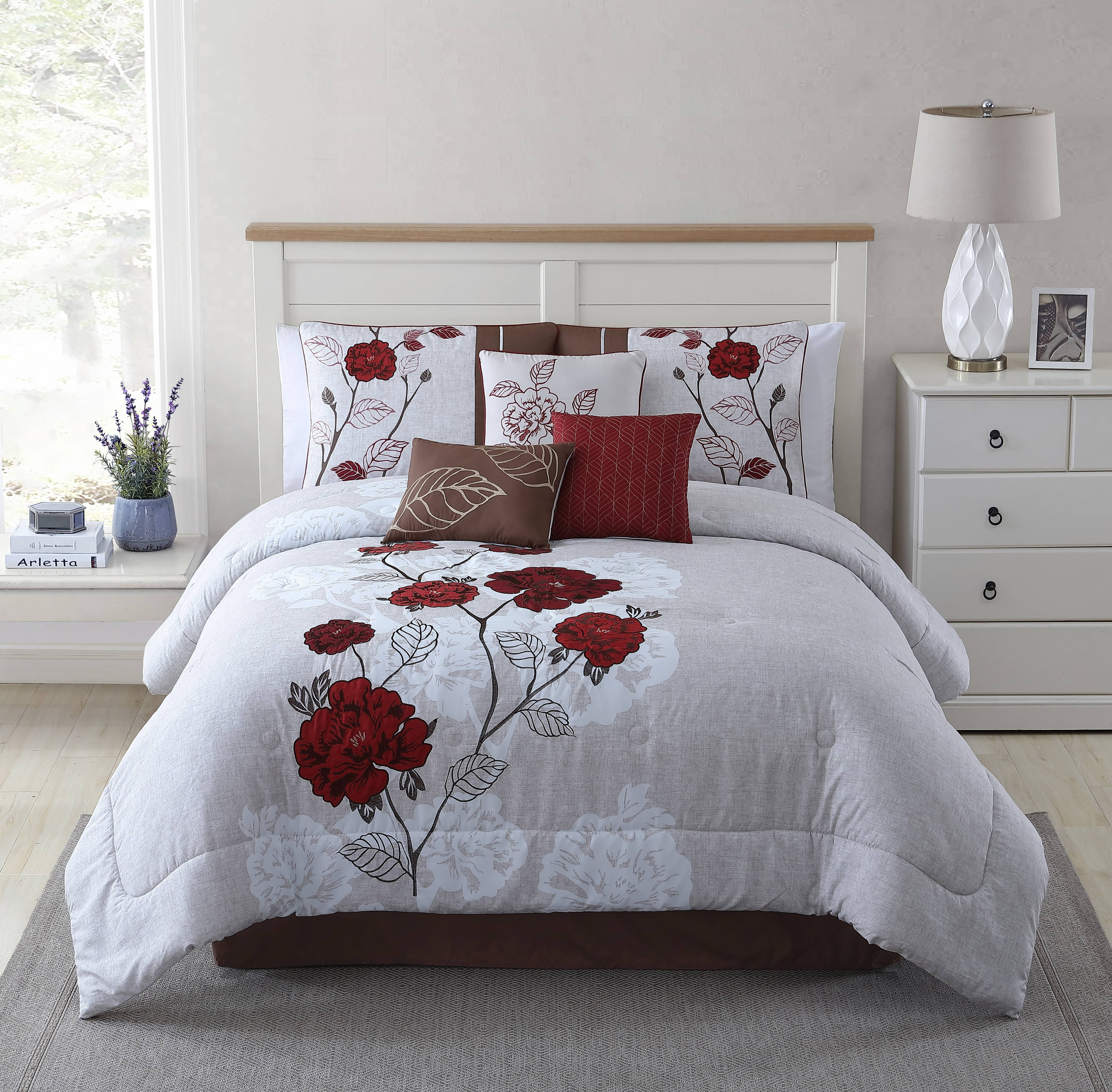 Full/Queen King Size Red & Plum Roses 7-Piece Comforter Set 