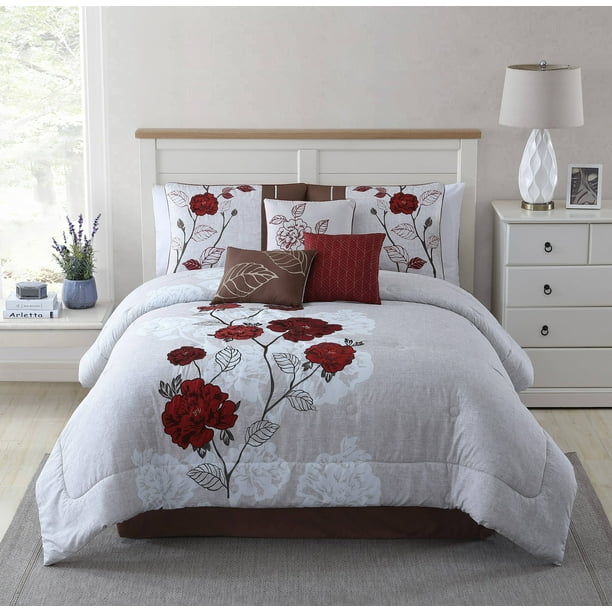 Mainstays 7 Piece Red Roses Comforter Set, King, Red