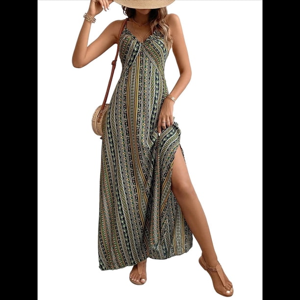 Vestido de Tirantes Finos para Mujer, Vestido de Verano, Pareo , Informal, Verde, Talla S