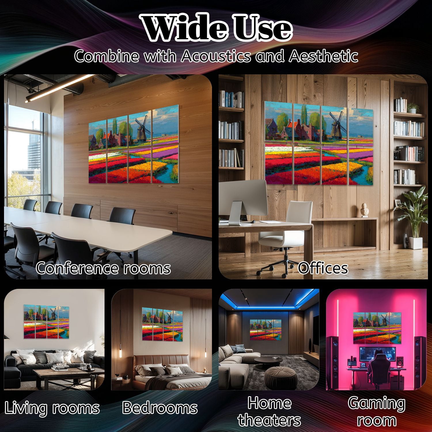 Windmill 8 Pack Art Acoustic Panels Sound Absorbing Moody Dutch Landscape Windmill Tulips Scenic Canal Decorative Soundproof Wall Panels Self Adhesive for Nursery Game Room Bedroom 48"x32"