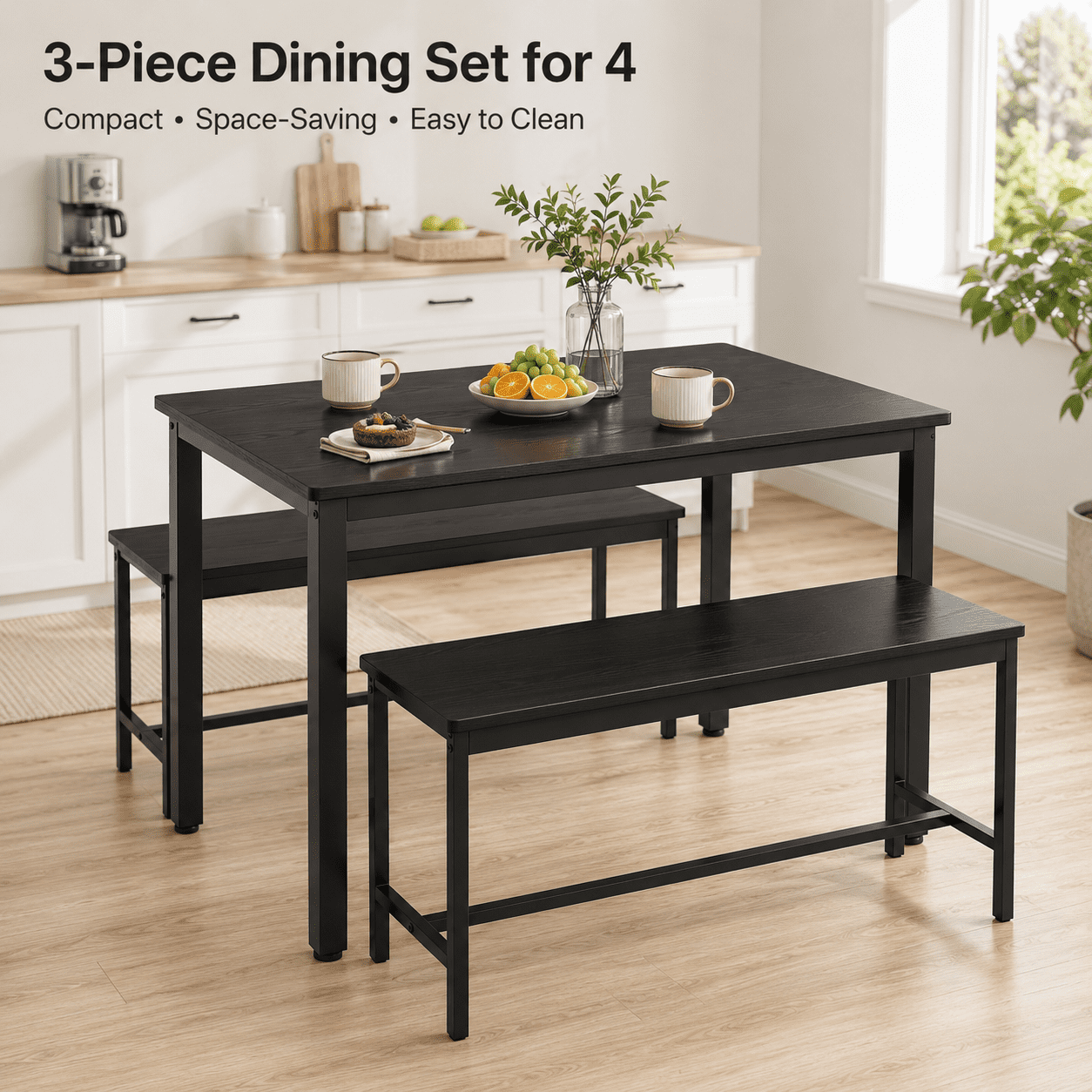 Aukfa Dining Table Set for 4, Rectangular Kitchen Table W/ 2 Benches for Small Space,Black