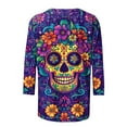 thumbnail image 4 of Hueook Shirts for Women Thermal Shirts for Women Ladies' Day Of The Dead Printed Round Neck Three Quarter Sleeve 3/4 Sleeve T-shirt Loose Top Long Sleeved Round Neck Top/shirt Multicolor L, 4 of 5