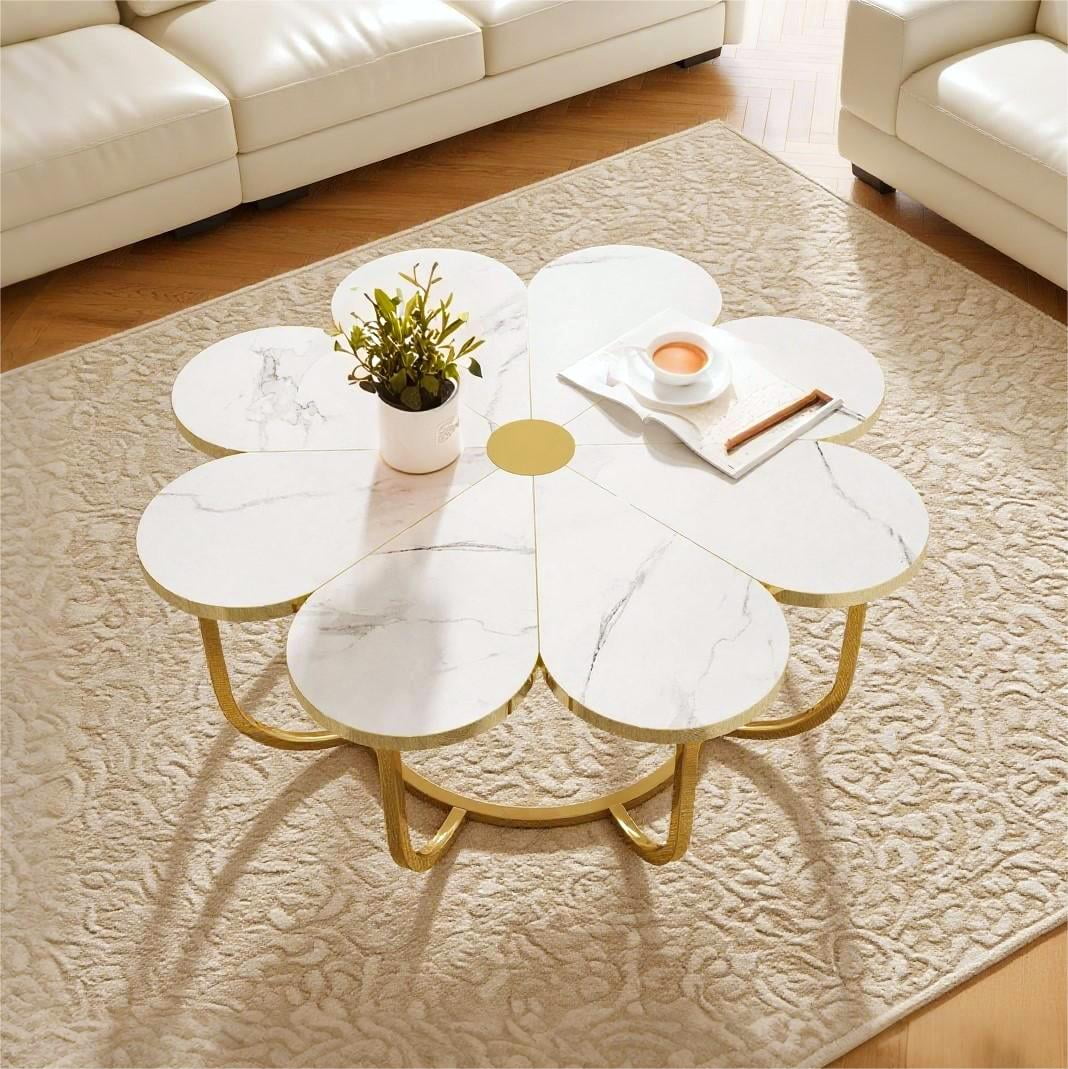 Fnova 39.37" Flower-Shaped Coffee Table, Modern Floral Accent Center Table with Faux Marble Tabletop & Metal Frame for Living Room, Bedroom & Lounge