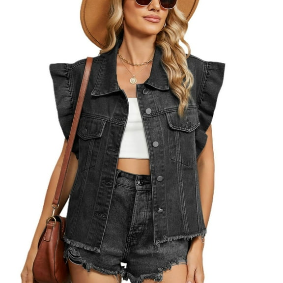 SWSMCLT Women's Short Sleeve Tank Top Denim Streetwear Vest Top Summer Flutter Sleeve Fashion Casual Pocket Black Large