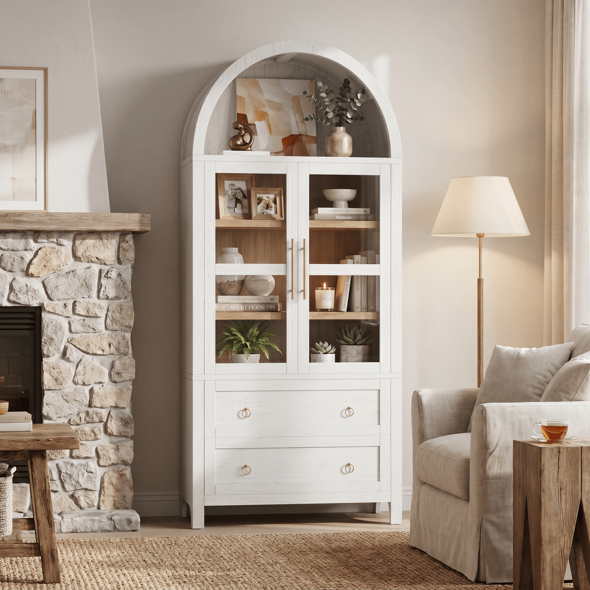 Homy Casa 71" Tall Arched Kitchen Pantry Storage Cabinet with Glass Doors 2 Drawers Adjustable Shelves White