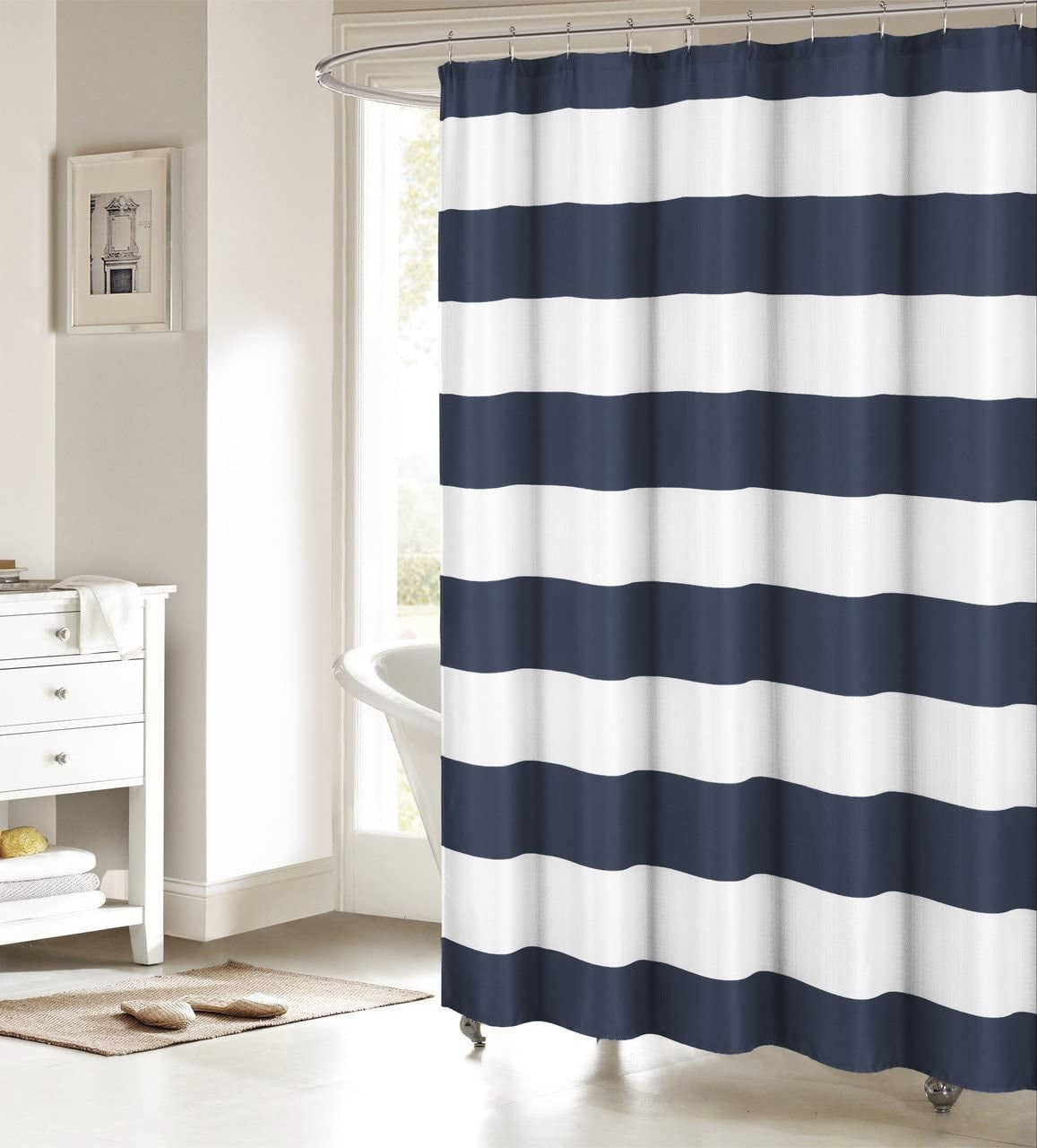 Nautical Stripe Design Fabric Shower Curtain Navy and White 72" x 84