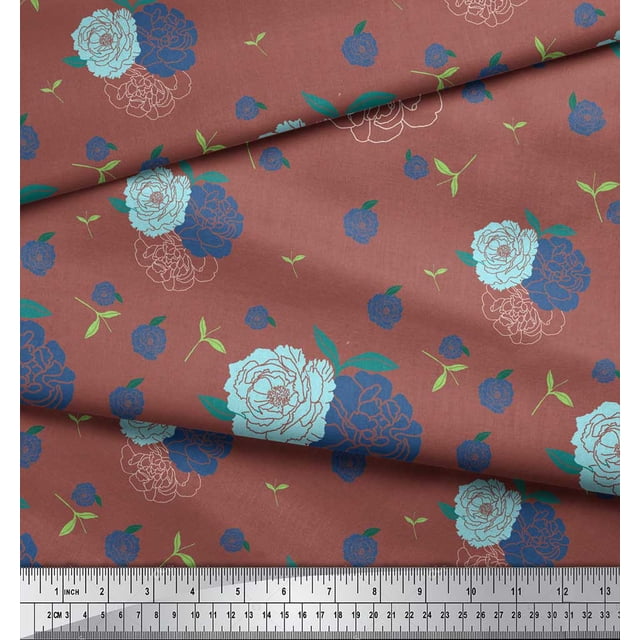 Soimoi Brown Modal Satin Fabric Leaves & Floral Hand Drawn Decor Fabric Printed Yard 42 Inch Wide