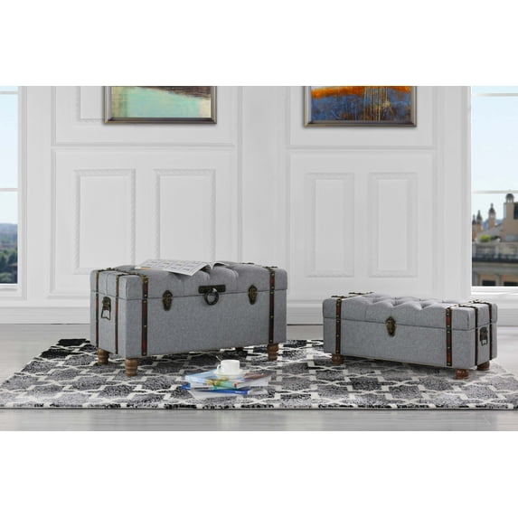 2-Piece Storage Chests Accent Table Bench, Tufted Linen, Gray