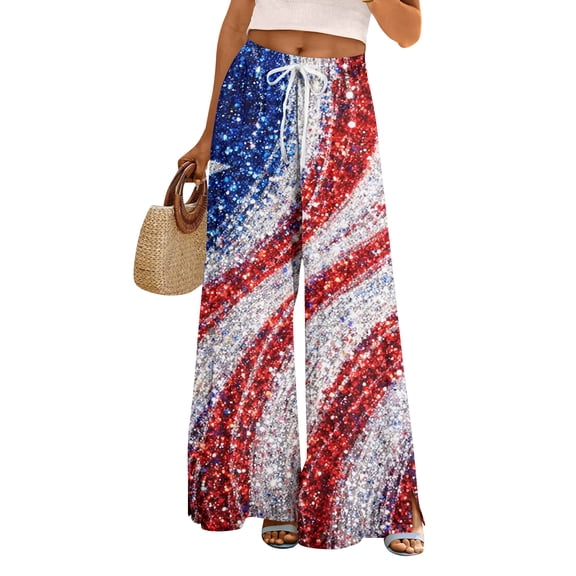 Womens 250th Anniversary Pajama Patriotic USA Flag Print Wide Leg Trousers Slit Baggy Elastic High Waist Casual Casual Lounge Pants, #01 Wine, M