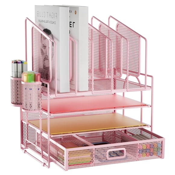 Organizador de escritorio Marbrasse de malla de 4 niveles con 5 soportes para archivos, color rosa