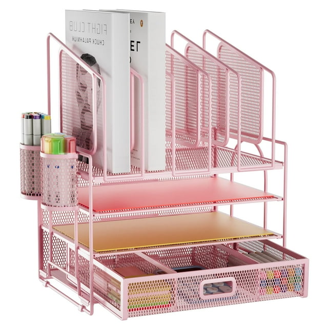 Organizador de escritorio Marbrasse de malla de 4 niveles con 5 soportes para archivos, color rosa