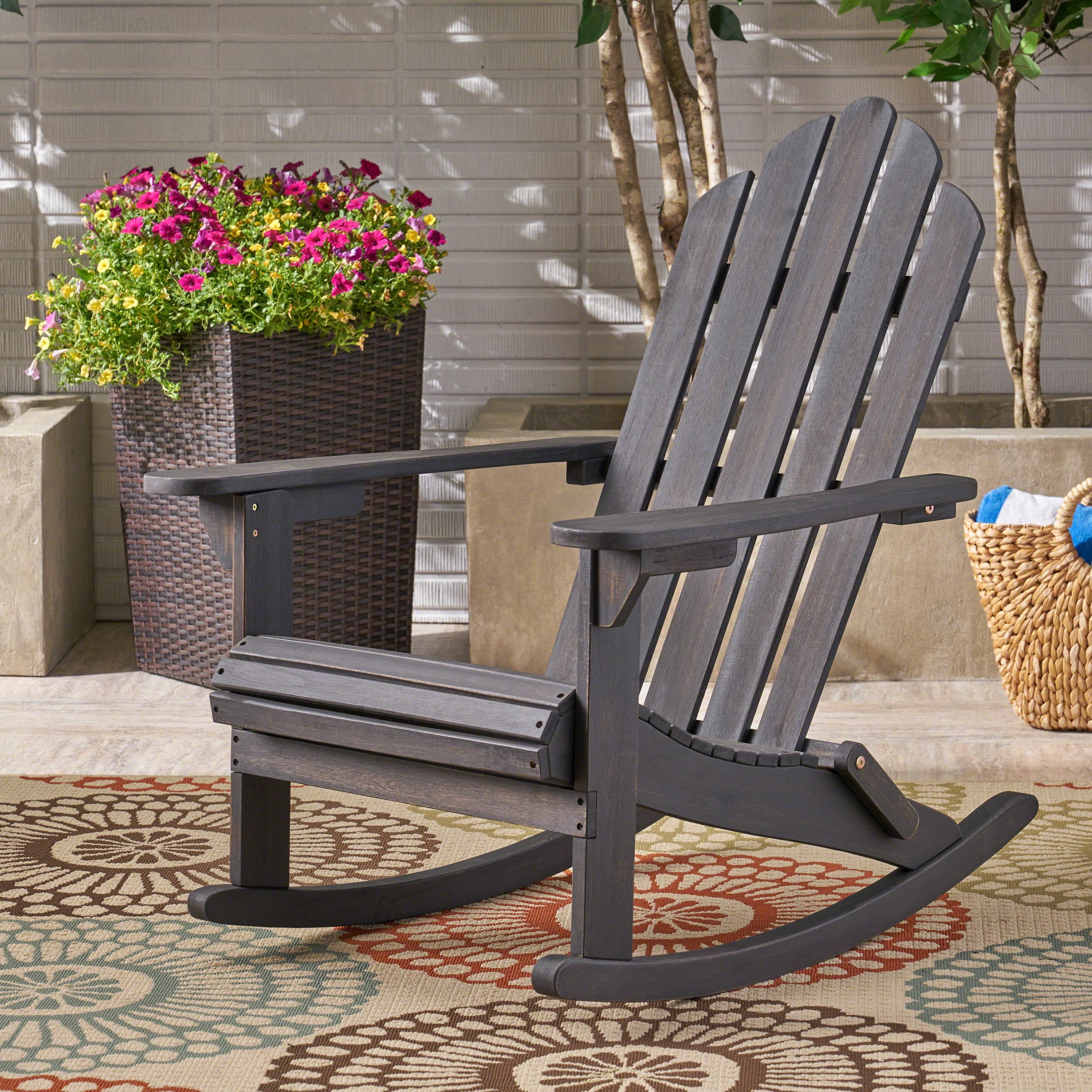Outdoor Adirondack Rocking Chair, Solid Acacia Wood Swing Rest Seat for Patio Garden, Dark Gray