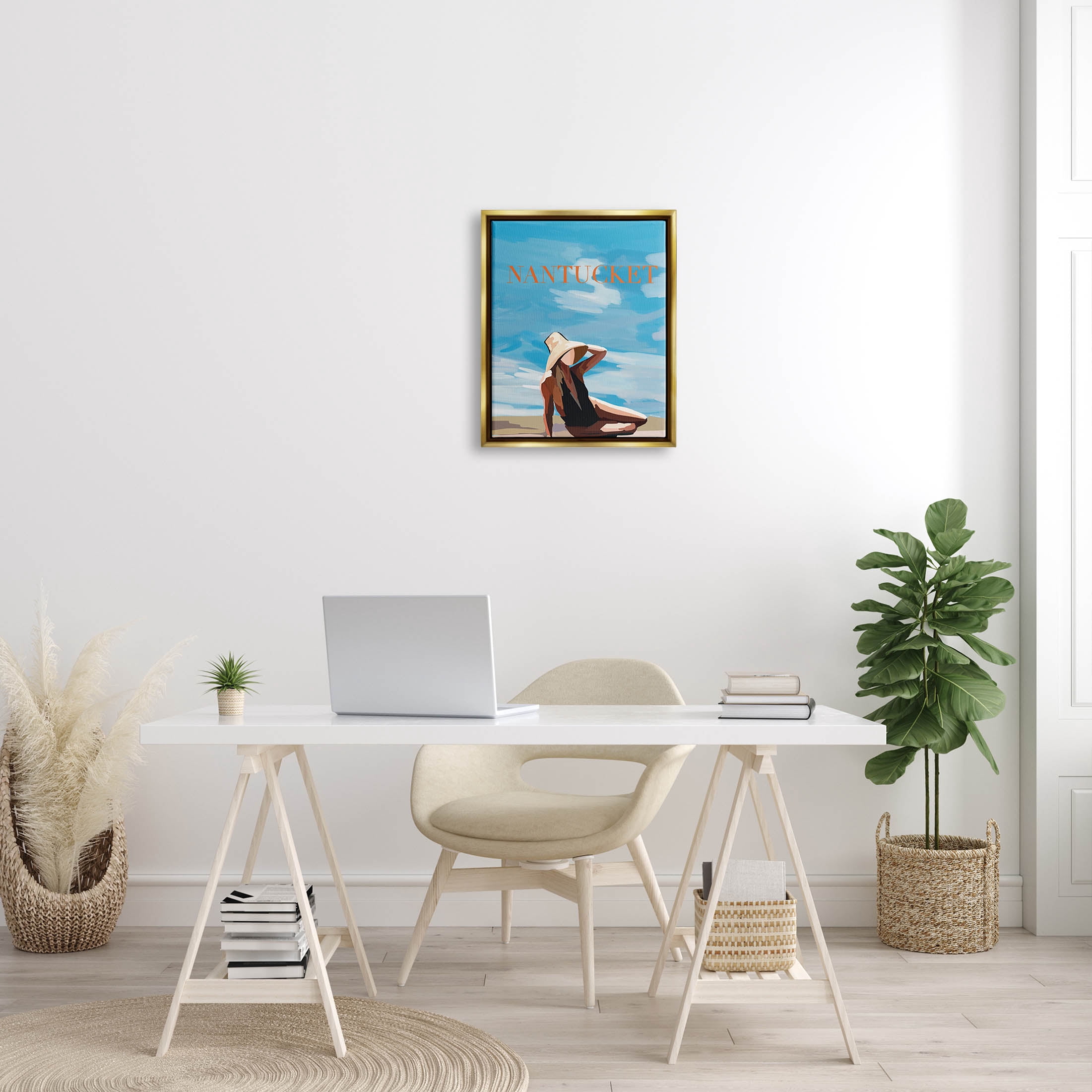 Stupell Industries Nantucket Summer Beach Girl Graphic Art Metallic Gold Floating Framed Canvas Print Wall Art, Design by Amelia Noyes