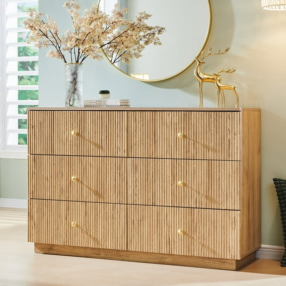 wow97e Fluted 6 Drawers Dresser, Wood 47" Tall Chest of Drawers with Deep Storage, Modern Bedroom Chest for Closet Hallway, Entryway, Living Room