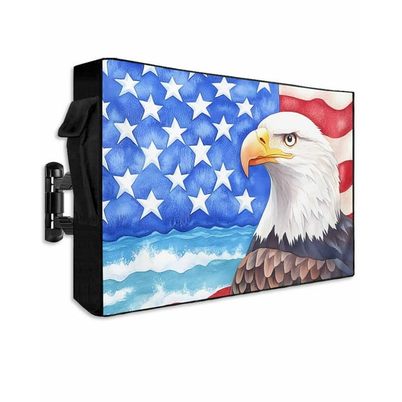 American Flag Outdoor TV Cover 70 to 75 Inch Weatherproof, Country Eagle Independence Day Blue Red 600D Oxford TV Covers with Waterproof Zipper, Outside Flat TV Screen Protector Size 68"Wx42"Hx4.5"D