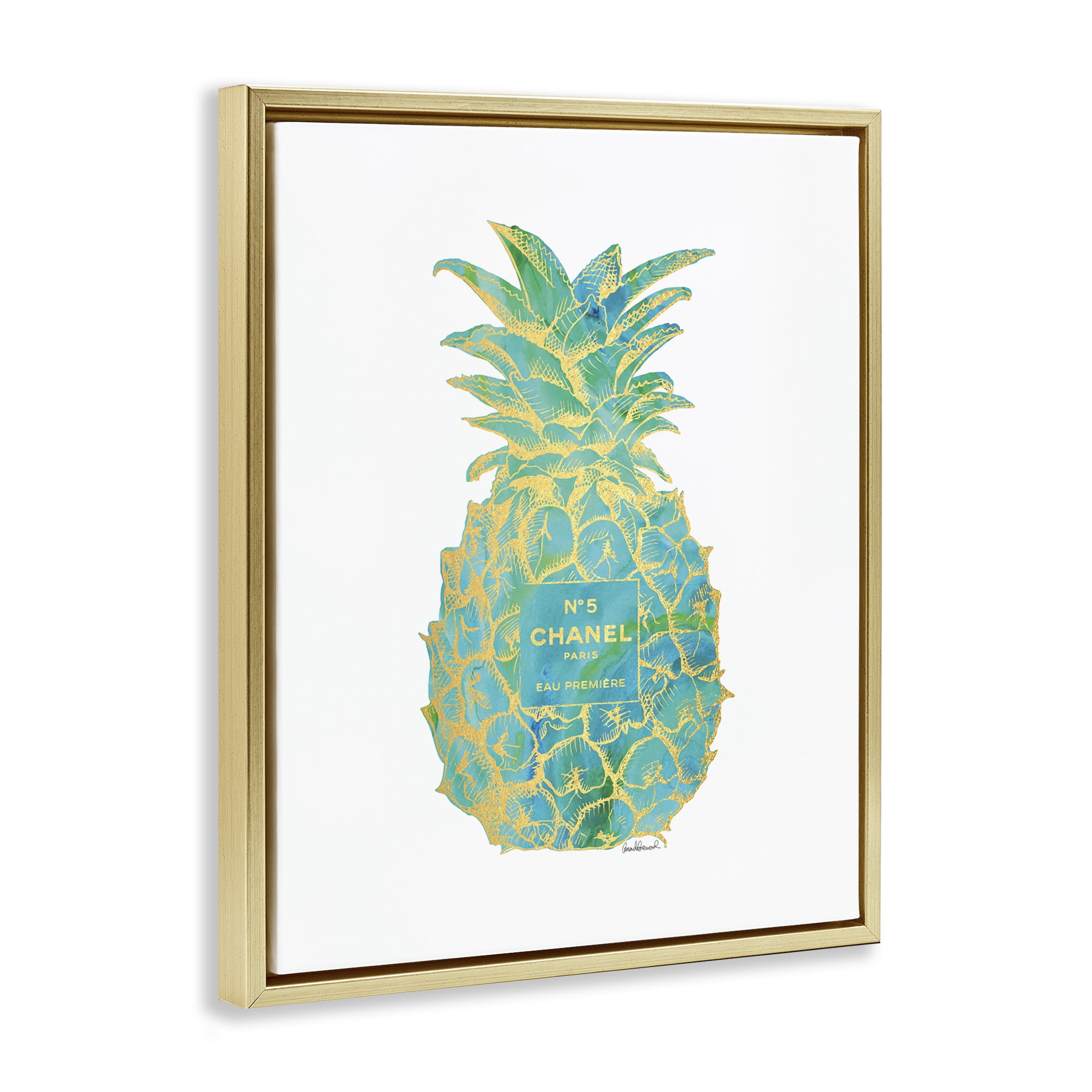 Stupell Industries Green Glam Brand Pineapple Food & Beverage Painting Gold Floater Framed Canvas Art Print Wall Art, 25 x 31