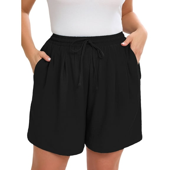 SHOWMALL Women's Plus Drawstring Shorts Black 3X Summer Elastic Waist Casual Lightweight with Pockets