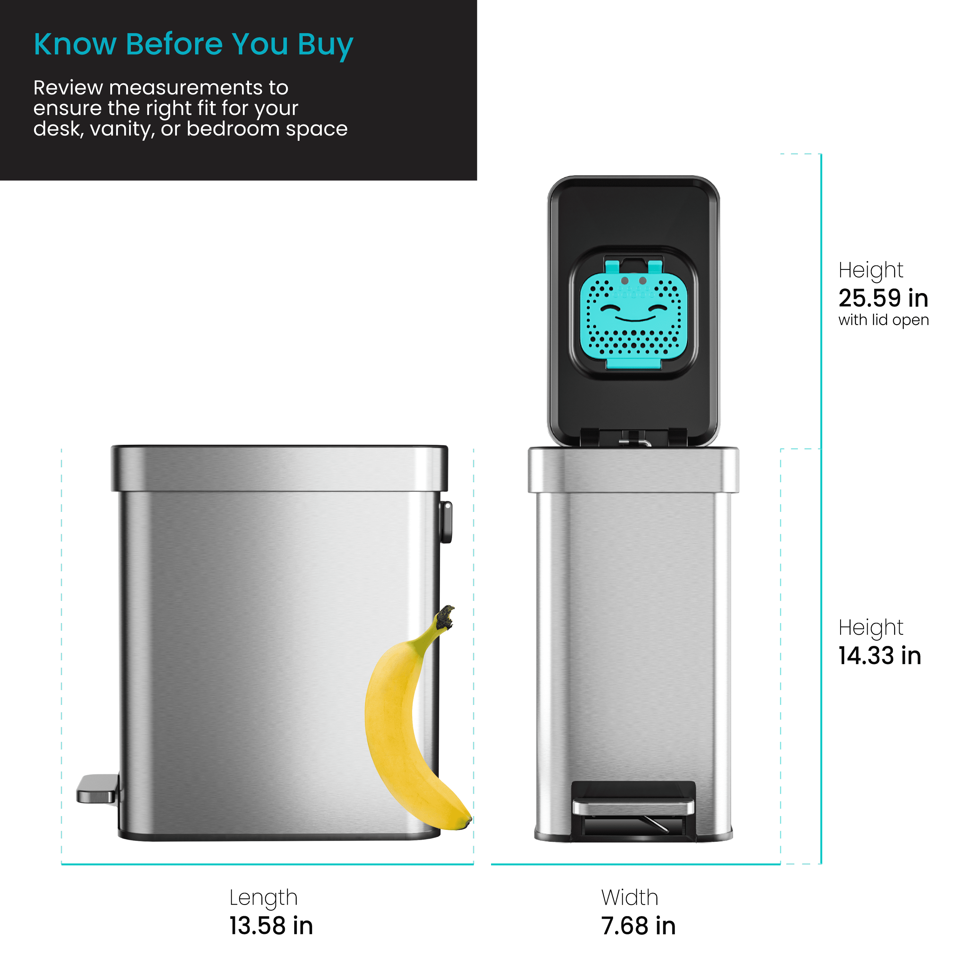 Home Zone Living 3 Gallon Slim Stainless Steel Trash Can with CleanAura Odor Control and Soft Close Lid, Silver
