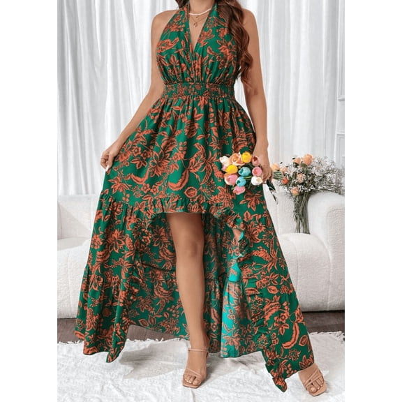 Plus Size Women Halter High Low Maxi Dress Deep V Smocked Waist Ruffle Tier Floral Print Wedding Guest Sundress