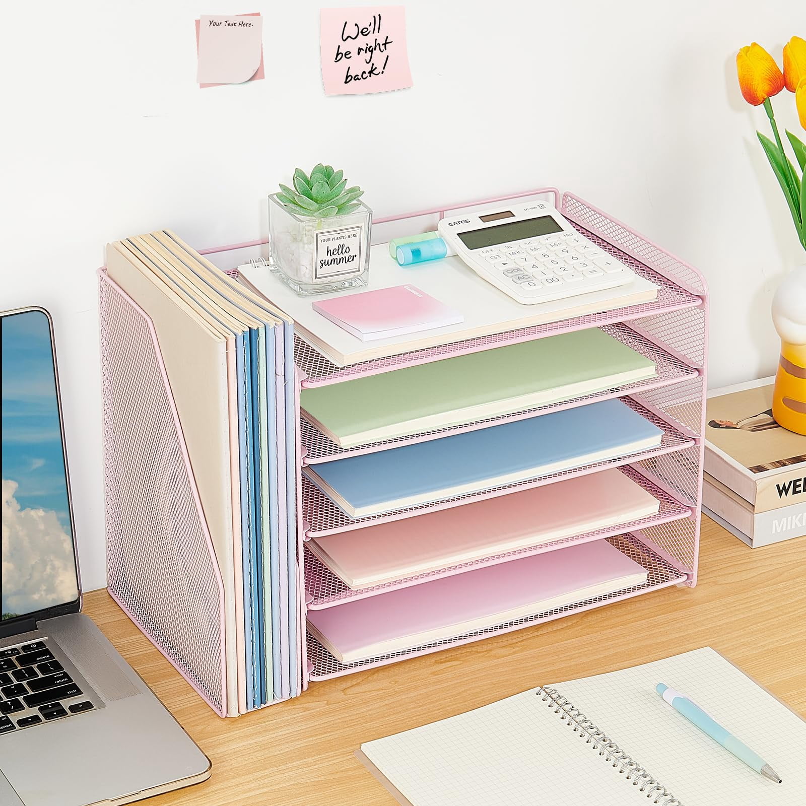 Desk Organizer  5-tier Paper Letter Tray With Magazine Holder Office Accessories & Workspace Organizers Desktop File For Supplies Storage Pink
