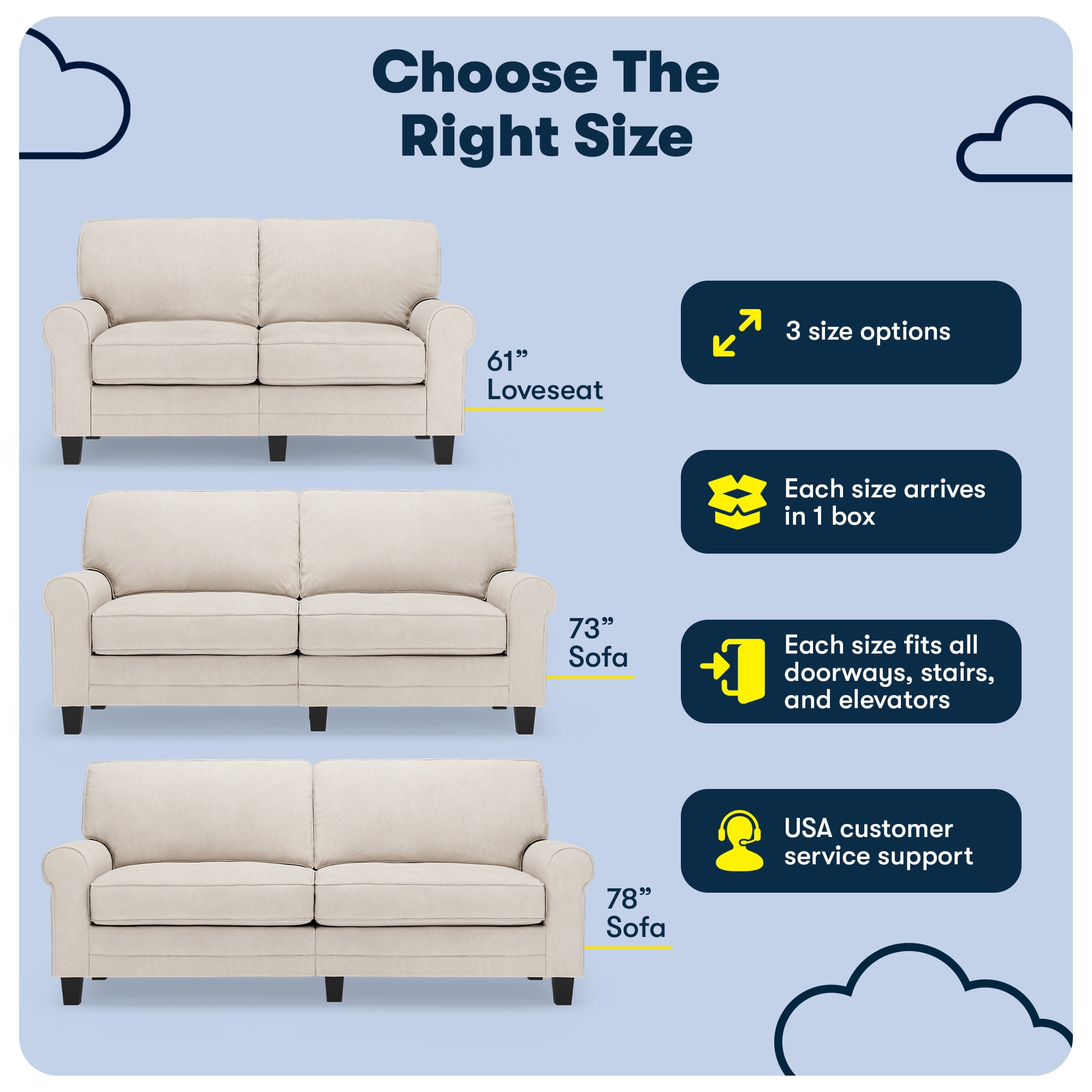 Serta Copenhagen 73" Rolled Arm Sofa, Easy Care Polyester, Loveseat or Couch for Small Spaces, Cream White