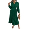 thumbnail image 2 of Women Fall Long Sleeve Dress Casual V Neck Pleated A Line Dark Green M, 2 of 7