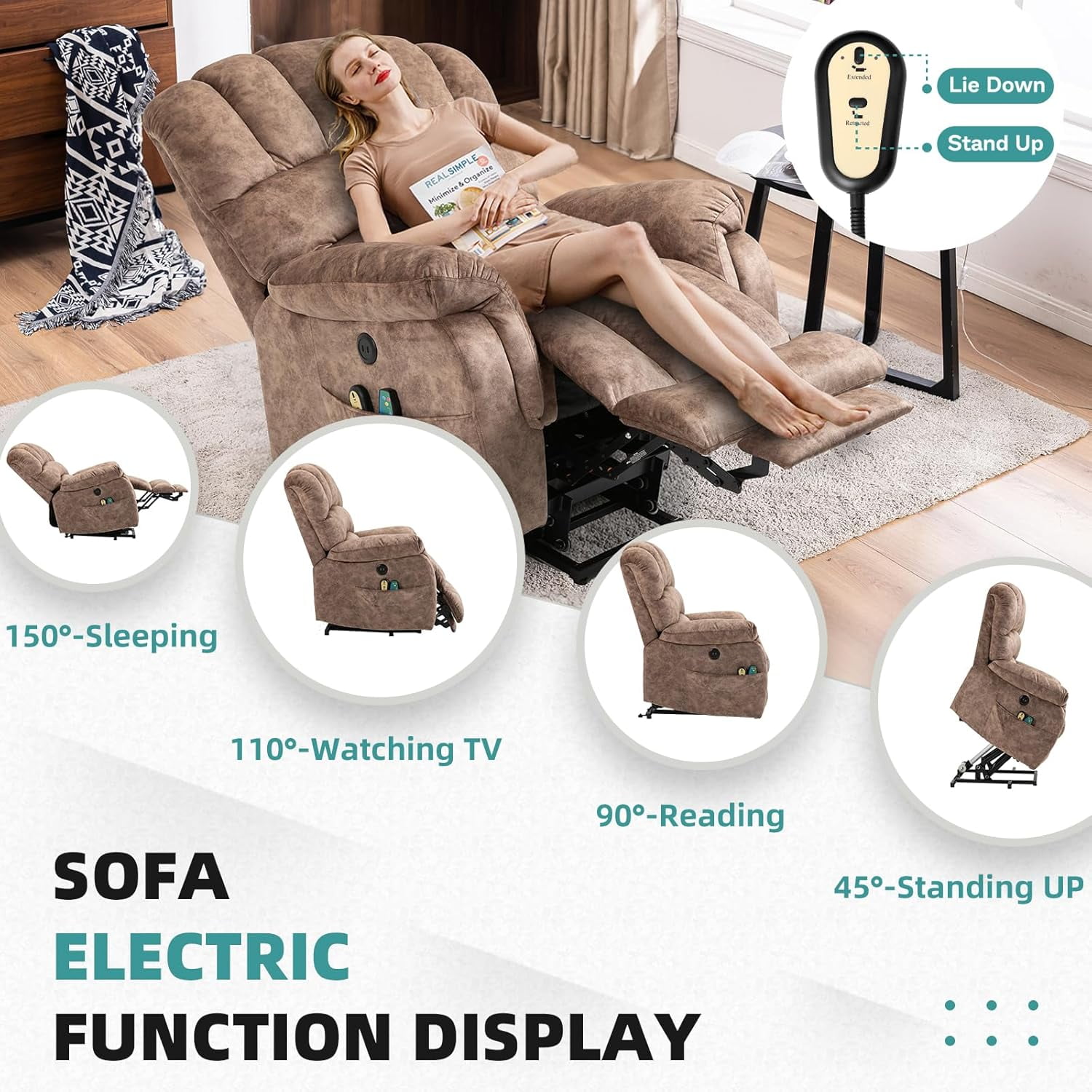 MEETWARM Power Lift Recliner for Seniors, Massage & Heated, USB Ports, Plush-Brown