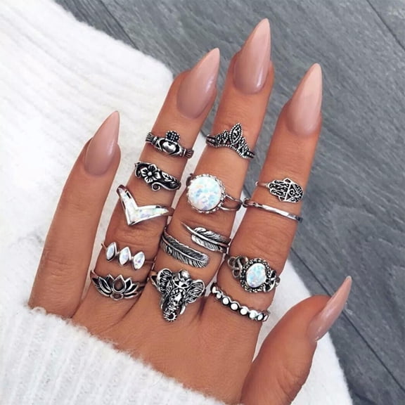 13 PCS/Set Boho Fatima Elephant Lotus Knuckle Rings Opal Rings Set Jewelry