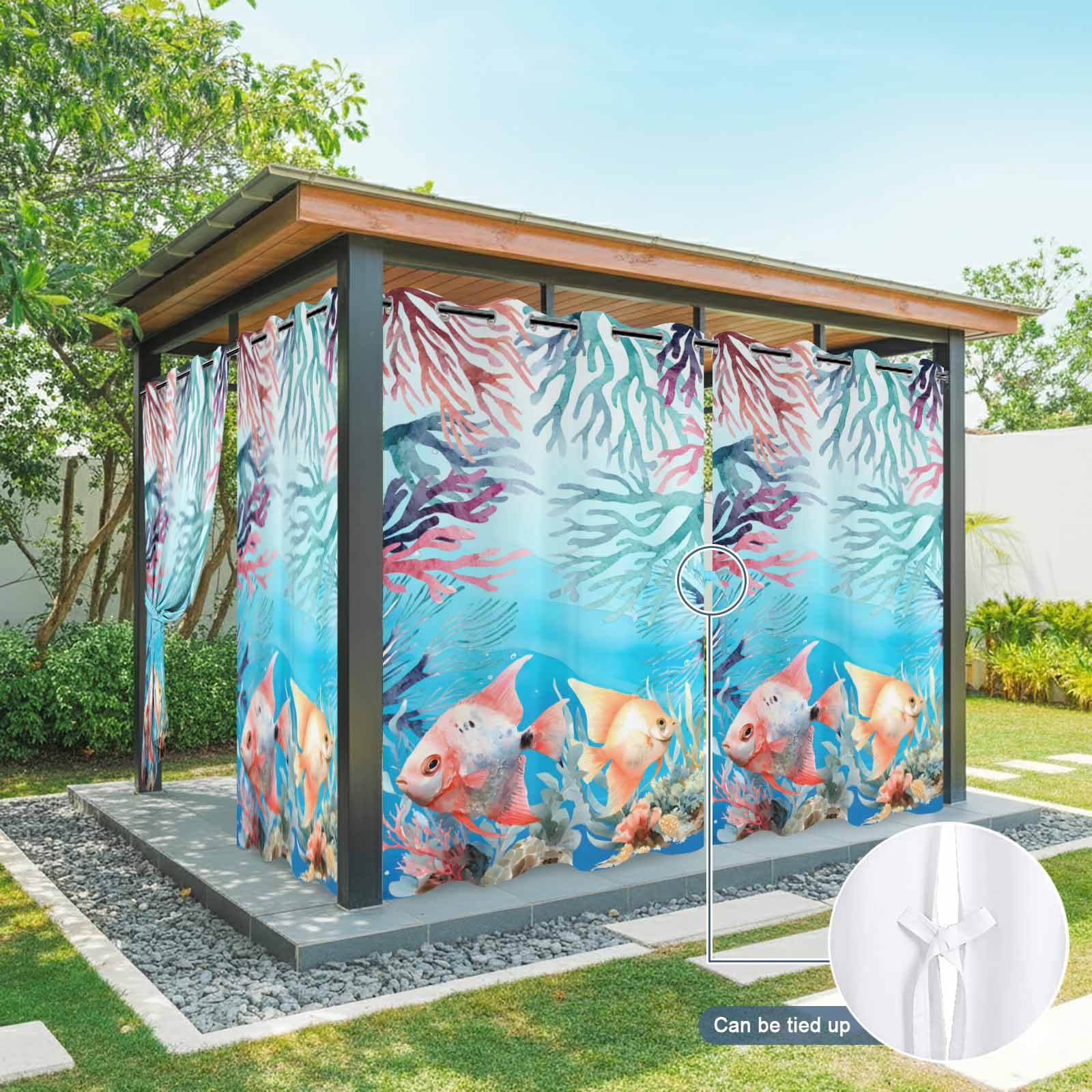 Summer Fish Outdoor Curtains for Patio, Nautical Watercolor Orange Red Blue Marine Life Coral Seaweed Sunshade Privacy Drapes Grommet Waterproof Outside Curtains for Porch Balcony 54"x108", 1 Panel