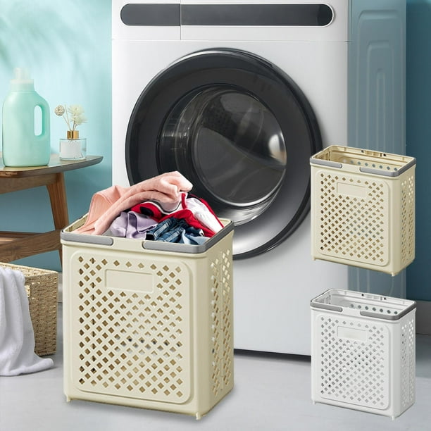 Cesta plegable de la ropa sucia con soporte en la pared • Cesta portátil para ropa sucia • Caja de almacenamiento de plástico blanco/beige 43x36x19cm