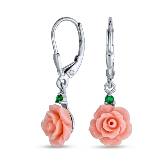 Bling Jewelry Womens Romantic Craved Floral 3D Pink Rose Flower Stud Earrings Sterling Silver Lever back