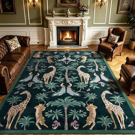 9x12 Area Rug - Jungle Animal Print, Washable & Non Slip, for Living Room Bedroom, Dark Green