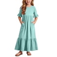 thumbnail image 2 of Antinious Girls Solid Pleated 3/4 Sleeve Round Neck Casual Versatile Wear Dress, 2 of 5
