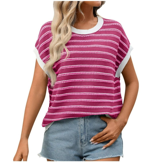 Ltctricy Chandails Légers pour Femmes à Manches Courtes Col Rond à Rayures en Blocs de Couleur Hauts Décontractés Amples