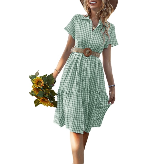 VISgogo Vestido camisero con botones para mujer, casual, manga corta, estampado a cuadros, vestido midi de línea A VISgogo moda