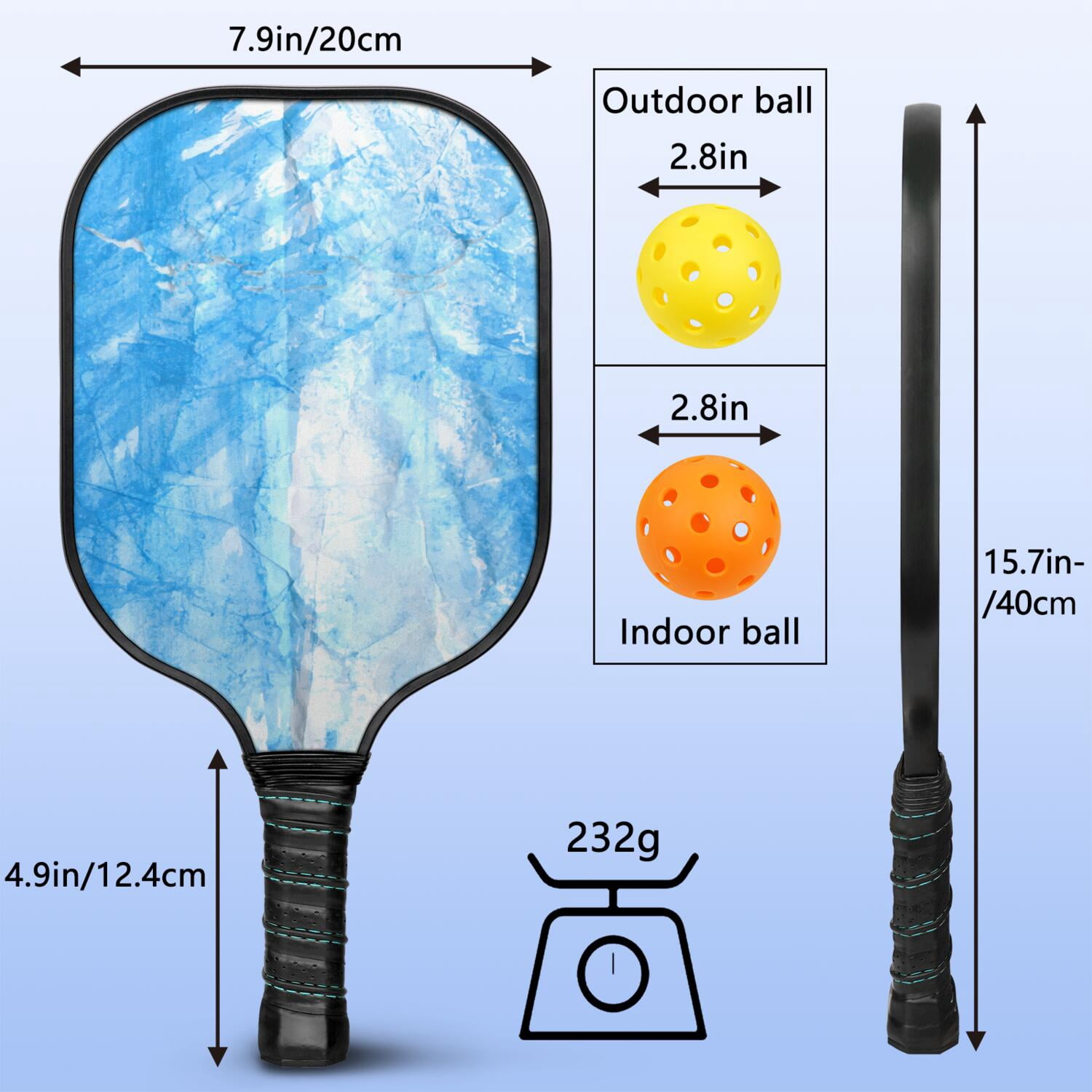 Pickleball Paddles Set Of 1, Fiberglass Surface, Ice Crystal Print, 1 Paddle, 2 Balls & Bag