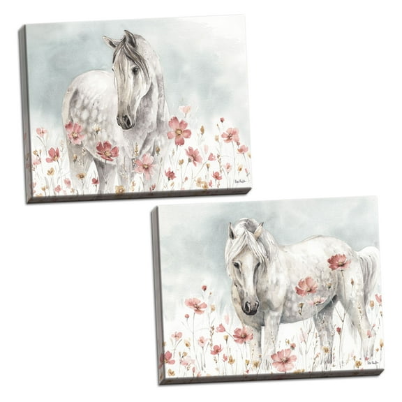 Gango Home Decor Blue and Pink Floral Wild Horses Adult Decor; 2 - 24" x 16" Stretched Canvases