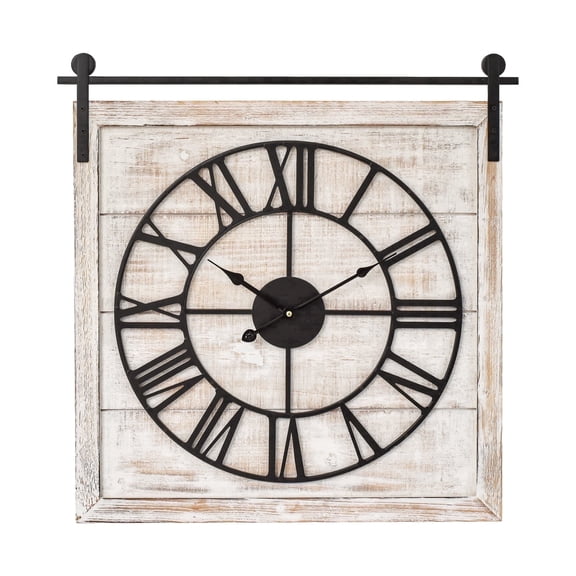 EMAX HOME 24" Barn Door Square Wall Clock, Silent Wood Framed Rustic Clock