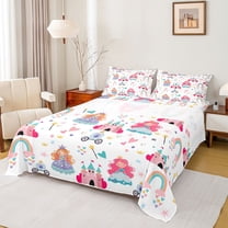 jejeloiu Fairy Tale Princess Twin Sheet Sets,Cute Cartoon Castle Twin Fitted Sheet,Kawaii Rianbow Loves Flat Sheet For Girl,Super Cozy Room Decor,3 Pieces