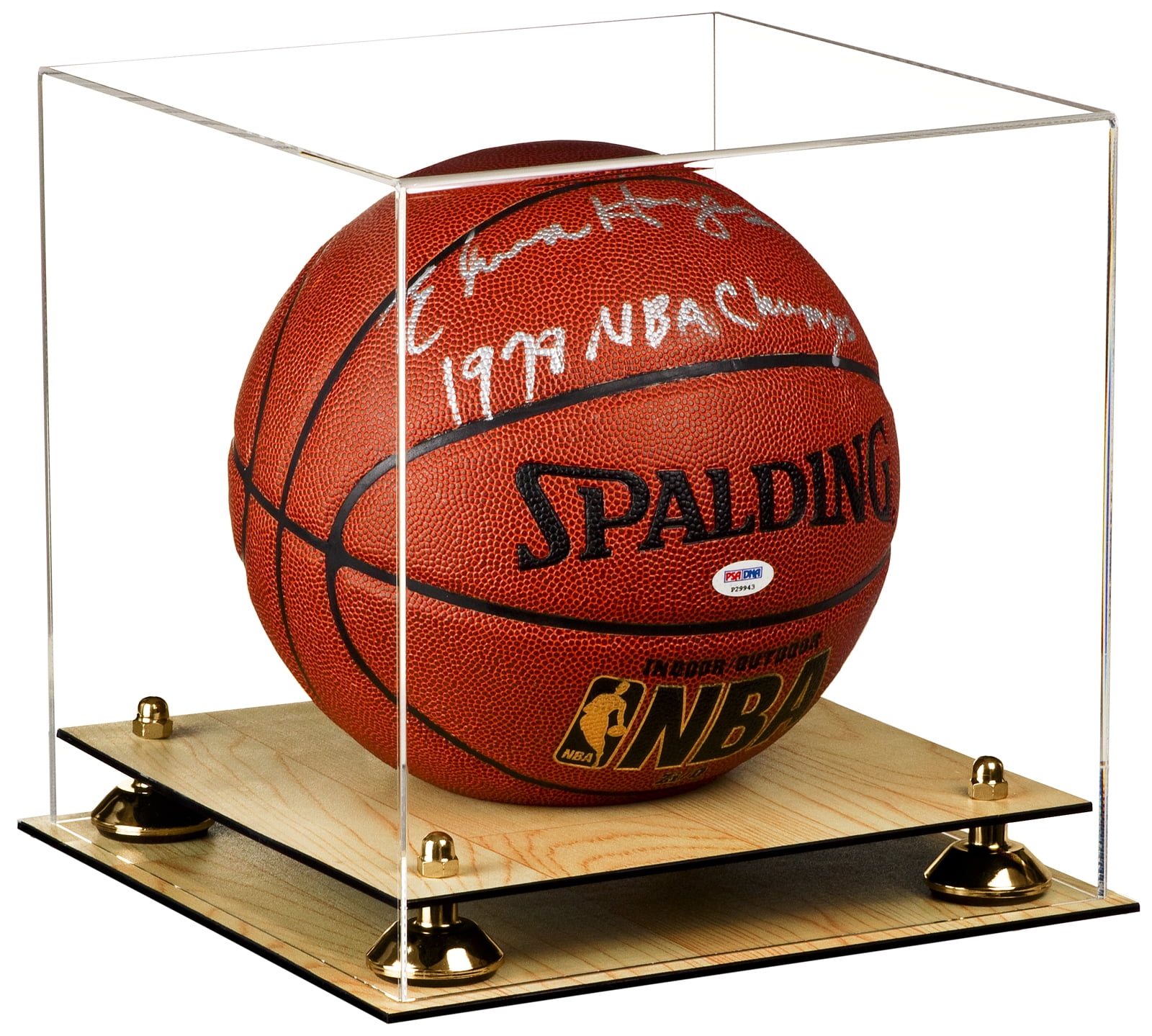 Deluxe Clear Acrylic Full Size Basketball Display Case with Gold Risers and Wood Floor (A001GR