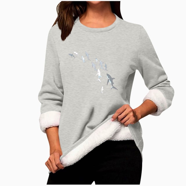 Haut en Polaire d'Hiver pour Femmes, Chemise à Manches Longues Imprimée Col Rond, Couche de Base Chaude en Polaire Douce pour Tenue Décontractée