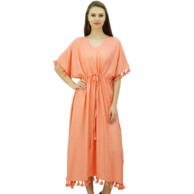 Bimba Robe Kaftan à Franges pour Femme, Manches Kimono, Longue Maxi, Couvre-Maillot