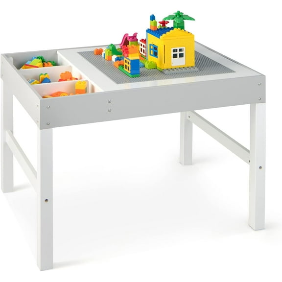 Costzon - Table, 3 in 1 Wooden Building Block Desk w/Storage, Double-Sided Tabletop for Toddler Arts, Crafts, Drawing, Reading, Playing, Gift for Boys Girls, Children Activity Table (White & Gray)