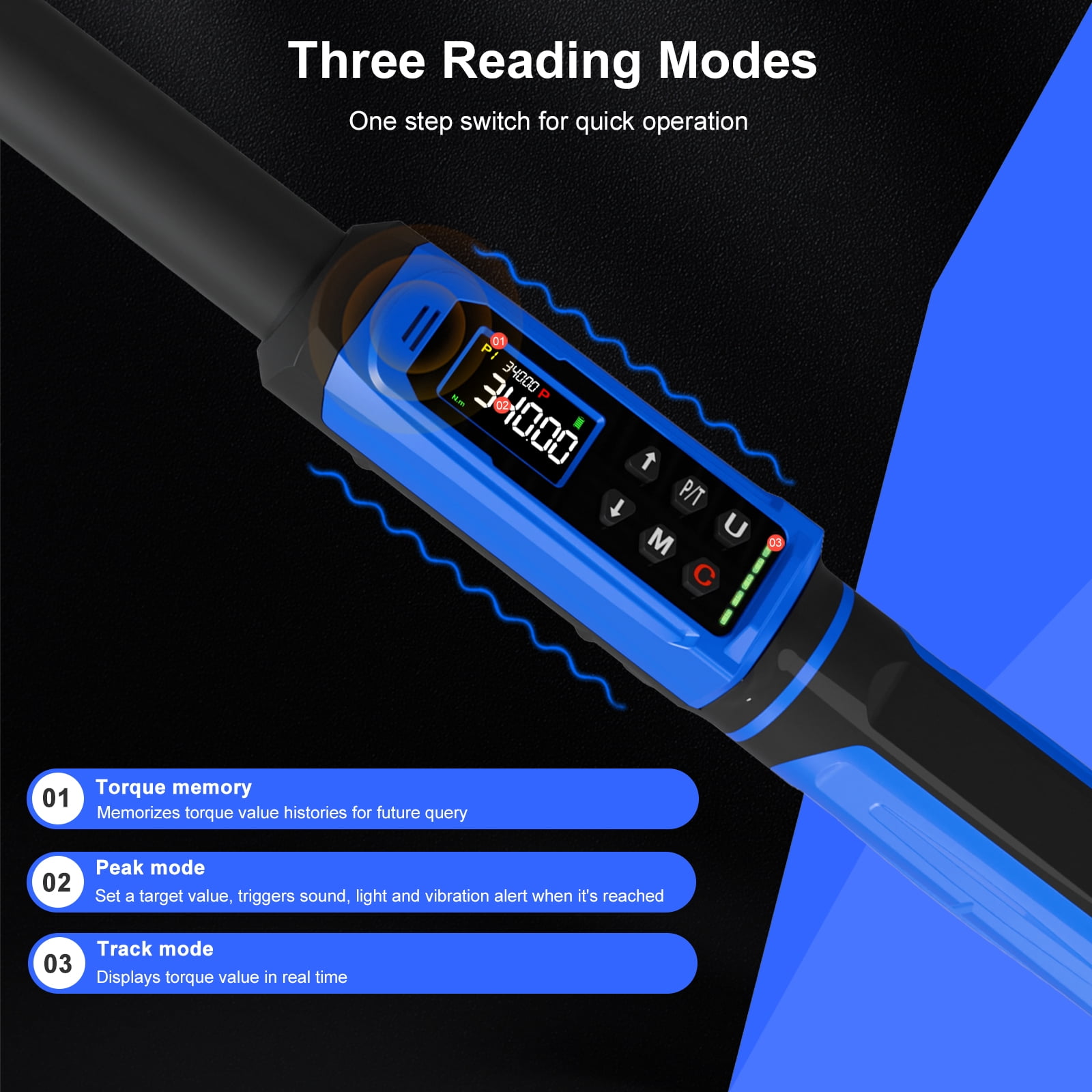 PUIBERS Digital Torque Wrench 1/2 Inch Drive 4-250FT.LB (5-340Nm) ±2% High Accuracy,5 Units lb-ft/lb-in/Nm/kg-cm/kg-m,LCD with Buzzer & LED Alerts