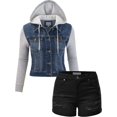 thumbnail image 1 of FashionMille Women Trucker Fleece Sleeve Denim Jacket With Raw Hem Ribbed Denim Shorts, 1 of 6